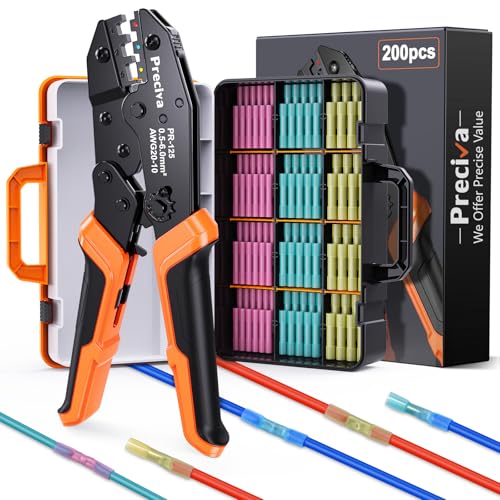 Preciva Wire Crimping Tool for Heat Shrink Connectors Kit, with 200PCS 22-10 AWG Heat Shrink Connectors,Ratcheting Crimper for Electrical, Automotive, Marine & Wiring Repairs