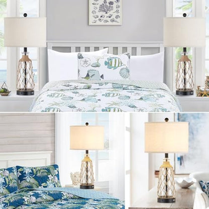 Ruzectt 25.5" Coastal Glass Table Lamps Set of 2, 3-Way Dimmable Touch Control Bedside Lamps with 2 USB Ports and AC Outlet, Clear Nautical Nightstand Lamp for Bedroom Living Room (LED Bulbs Included) - color: Clear