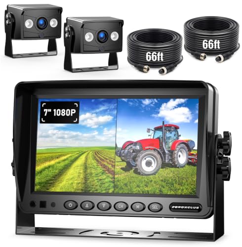 ZEROXCLUB 2 Wired Rear View Backup Camera System, 7" 1080P Monitor IP69K Waterproof Vibration-Proof 10G Reverse Camera, Dual Split Screen for Tractor, Truck, Trailer, Combine, Heavy Equipment, BH702 - size: 7"-2 Cam