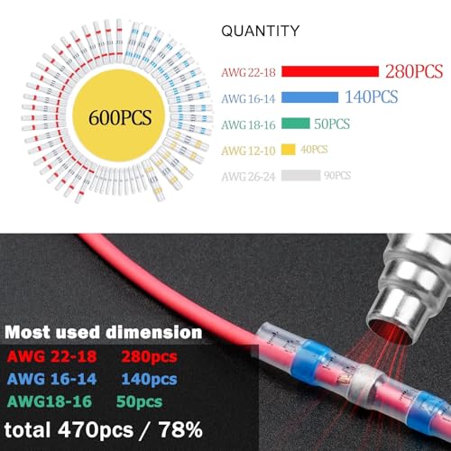 600PCS Solder Seal Wire Connectors, Heat Shrink Wire Connectors Kit, Waterproof Heat Shrink Butt Connectors for Marine Automotive Boat Truck RV Wiring, AWG 26-10, 5 Sizes