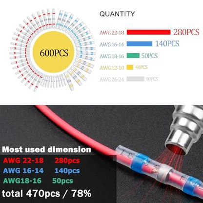 600PCS Solder Seal Wire Connectors, Heat Shrink Wire Connectors Kit, Waterproof Heat Shrink Butt Connectors for Marine Automotive Boat Truck RV Wiring, AWG 26-10, 5 Sizes