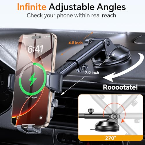 Coolpow Wireless Car Charger,15W Fast Charging for iPhone Wireless Charger【Military-Grade Stabilizing Arm Clamp】360° Adjustable Phone Holder Mount Car Phone Mount Charger for iPhone and Samsung Galaxy