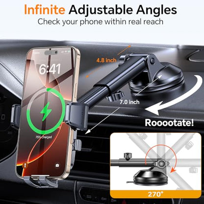 Coolpow Wireless Car Charger,15W Fast Charging for iPhone Wireless Charger【Military-Grade Stabilizing Arm Clamp】360° Adjustable Phone Holder Mount Car Phone Mount Charger for iPhone and Samsung Galaxy