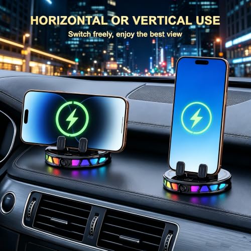 Car Phone Holder, Electric Magnetic Wireless Car Charger Mount 360 Degree Rotation with 7-Color RGB Light Strong Stable Suction Mount Cars Accessories