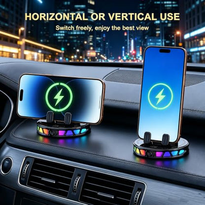 Car Phone Holder, Electric Magnetic Wireless Car Charger Mount 360 Degree Rotation with 7-Color RGB Light Strong Stable Suction Mount Cars Accessories