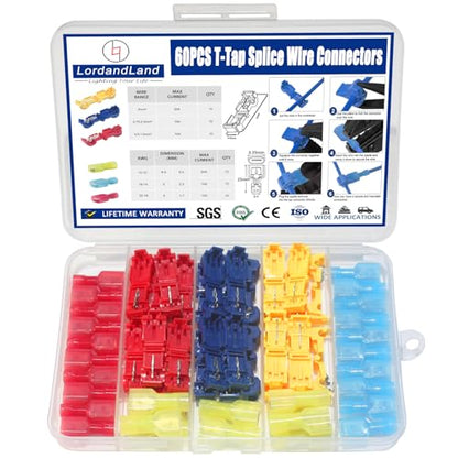 60 Pcs/30 Pairs Quick Splice Wire Terminals T-Tap Self-Stripping Nylon Fully Insulated Male Quick Disconnects for Automotive Wiring (22-10 AWG)