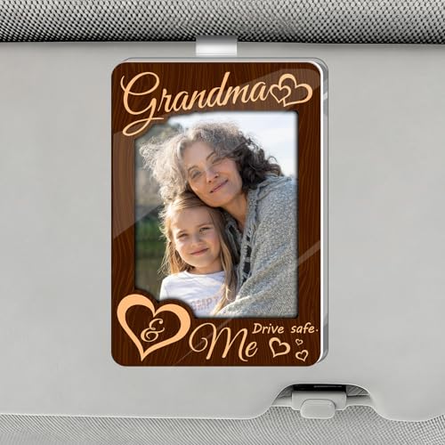 for Grandma Car Sun Visor Picture Frame, Drive Safe Acrylic Photo Holder Clip, Classic Brown Wood Style Acrylic Car Decor, Best Grandparent Birthday - color: brown03