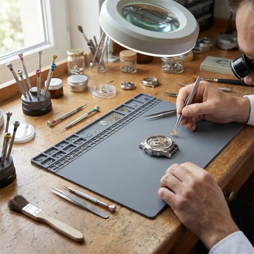 Silicone Repair Mat Non-Slip Workbench Pad for Soldering Heat Gun and Electronics Repair Anti-Static Desk Organizer for Watchmaker DIY and Phone Maintenance (Gray)