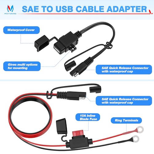 MICTUNING SAE to USB Cable Adapter Waterproof USB Charger Quick 2.1A Port