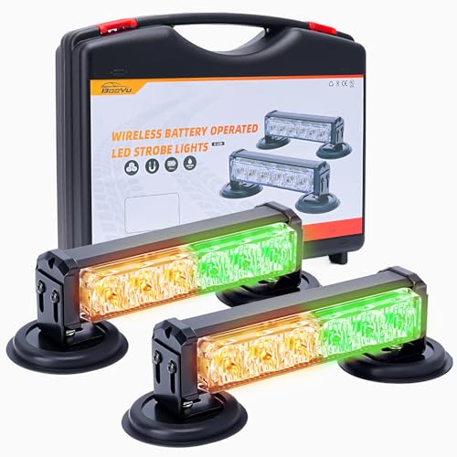 Amber/Green Magnetic Wireless Flashing Strobe Light for Vehicles Trucks Car, Battery Operated Rechargeable LED Safety Beacon Lights, Mini Portable Emergency Warning Light Bar (2-Pcs, 2×8in) - color: 2pcs Amber/Green
