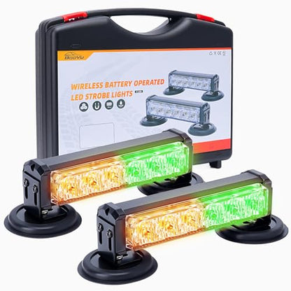Amber/Green Magnetic Wireless Flashing Strobe Light for Vehicles Trucks Car, Battery Operated Rechargeable LED Safety Beacon Lights, Mini Portable Emergency Warning Light Bar (2-Pcs, 2×8in) - color: 2pcs Amber/Green