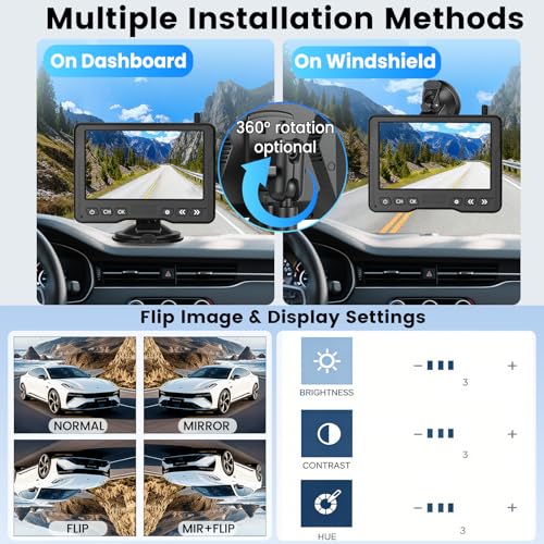 15-Min Install 5-Inch Wireless Backup Camera for Car：1080P HD No Drill Plug-Play 2-Split Monitor, Need Wiring Stable Signal Waterproof IR Night Vision Rear View Camera for SUV, Pickup, Van, Camper