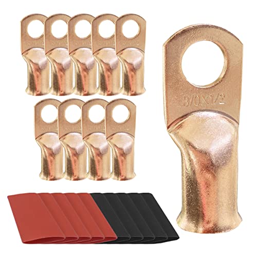 10pcs 3/0 AWG-1/2 Ring Battery Lugs, Copper Lugs, Battery Cable Ends, Tubular Ring Terminals, Crimp Wire Ring Lugs, Battery Terminal Connectors with Heat Shrink Tubing (10, 3/0 Awg - 1/2" (M12) Ring) - size: 3/0 Awg - 1/2" (M12) Ring