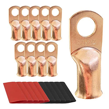 10pcs 3/0 AWG-1/2 Ring Battery Lugs, Copper Lugs, Battery Cable Ends, Tubular Ring Terminals, Crimp Wire Ring Lugs, Battery Terminal Connectors with Heat Shrink Tubing (10, 3/0 Awg - 1/2" (M12) Ring) - size: 3/0 Awg - 1/2" (M12) Ring