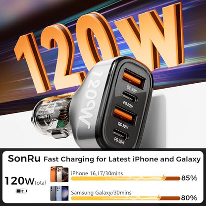 SONRU 4-Port USB C Car Charger, 120W 2*【PD60W+QC30W】 Cigarette Lighter USB Car Charger Adapter, Fast Car Phone Charger for iPhone 17/17 Pro Max/16/15/14 Series, Galaxy S24/23,iPad, Galaxy, Tablet
