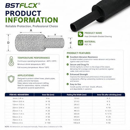1" ID x 20FT 2:1 Heat Shrink Sleeve – Braided Heat Shrinkable Fabric Tubing, Abrasion Protection & Flexibility for Wiring Harness, Cable Sheath, Automotive Wires & Hoses - size: 25mm-1" I.D x 20FT