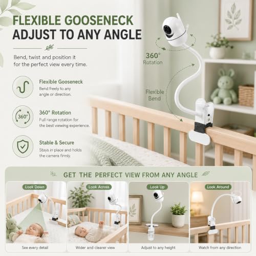 15.7 inch Flexible Baby Monitor Clip Mount for HelloBaby HB6560/HB6550/HB65/HB40/HB6339/HB66/HB6550Pro, ANMEATE SM935E, Baby Camera Mount Holder Stand with , Attach to Baby Crib Without Without Tools