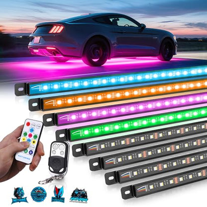 MICTUNING U8 RGBW Underglow LED Light Bars (8-Piece Kit) 888 Ultra-Bright LEDs, Dual Remotes, White+RGB Colors, IP68 Waterproof Aluminum Housing – for Cars, Trucks, SUVs, ATVs - size: RGBW & 2 Remote