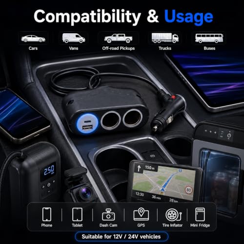 Cliff Top Car Cigarette Lighter Splitter, Dual Socket USB-C PD QC3.0 Switch