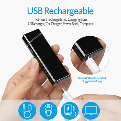 Electric Arc Lighter USB Rechargeable Windproof Flameless Plasma with Battery Indicator for Fire, Cigarette, Candle - Outdoors Indoors | Bright-Black (Upgraded).
