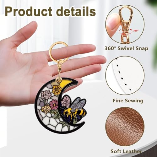 Bee Leather Keychain Case Holder,GPS Tacker With Keychain Ring,Stained Glass Style Access Card Scratch-Resistant,Finders Accessories For Pets, Luggage, Wallet, Backpacks - color: Bee