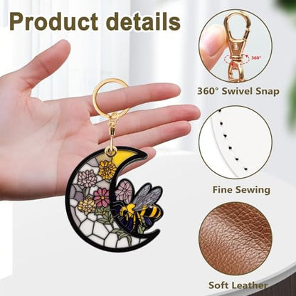 Bee Leather Keychain Case Holder,GPS Tacker With Keychain Ring,Stained Glass Style Access Card Scratch-Resistant,Finders Accessories For Pets, Luggage, Wallet, Backpacks - color: Bee