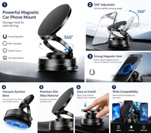 Magnetic Car Phone Mount, Vacuum Suction Cup Dashboard Cell Holder, Premium Zinc Alloy 360° Rotating Hands-Free Desk Mount for MagSafe Navigation and Live Streaming - color: Magnetic Car Mount Phone 2