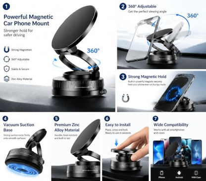 Magnetic Car Phone Mount, Vacuum Suction Cup Dashboard Cell Holder, Premium Zinc Alloy 360° Rotating Hands-Free Desk Mount for MagSafe Navigation and Live Streaming - color: Magnetic Car Mount Phone 2