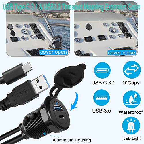 QIANRENON USB C3.1 & USB3.0 Embedded Car Waterproof Cable 10Gbps USB Type C 3.1 & USB3.0 Threaded Mounting Extension Cable, PD65W,Support 4K Video,LED,Al housing,for Dashboard car Boat Moto,2M/6.5ft