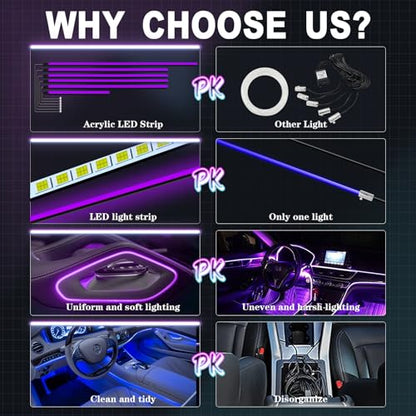 RGB Acrylic Ambient Lighting Car Lights, LED Strip Lights with APP Control, 593 LEDs Interior Car Lights, 6 in 1 Neon Car Ambient Neon Light Kits - size: RGB color 6 lights