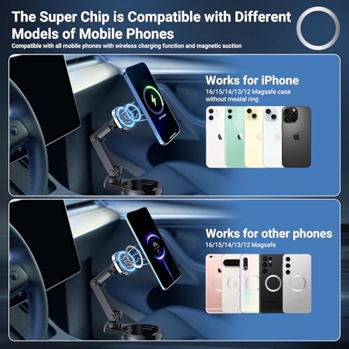 This Hill for Magnetic Cup Holder Charger, 360° Rotating Wireless Magnetic Car Charger, Fast Charging Phone Holder for iPhone 17 16 15 14 13 12 and Samsung Galaxy S20 Above Series [With QC 3.0 Adapter