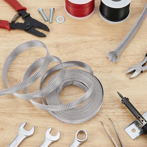 NBEADS 32.8ft 304 Stainless Steel Braided Cable Sleeve, 0.7 Inch Wide Stainless Steel Color Flat Tinned Braided Ground Wire Mesh, Flexible Shielding Sleeve for Cables - size: 32.8ft X 0.7 Inch
