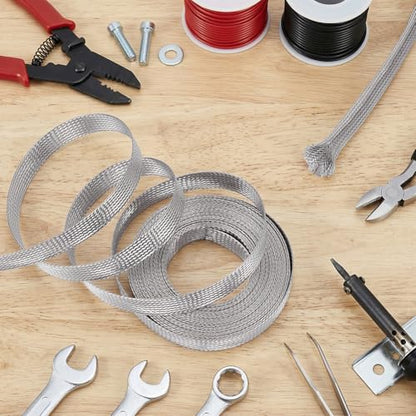 NBEADS 32.8ft 304 Stainless Steel Braided Cable Sleeve, 0.7 Inch Wide Stainless Steel Color Flat Tinned Braided Ground Wire Mesh, Flexible Shielding Sleeve for Cables - size: 32.8ft X 0.7 Inch