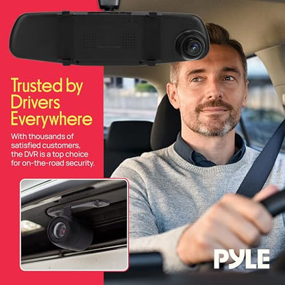 Pyle Dash Cam Rearview Mirror - 4.3” DVR Monitor Rear View Dual Camera Video Recording System in Full HD 1080p w/Built in G-Sensor Motion Detect Parking Control Loop Record Support - PLCMDVR49