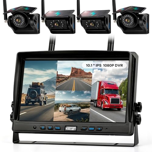 4 Solar Magnetic Wireless Trailer Camera System, 10.1" IPS DVR Screen + Solar Powered Night Vision Rear Camera, 100% No Wiring Waterproof Backup Camera System for RV Truck Trailer Hitch - size: 10.1" 4-Cam