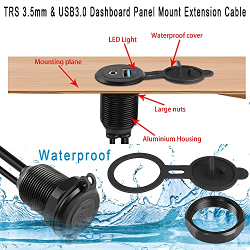QIANRENON USB3.0 & 3.5mm Audio Threaded Fixed Embedded Car Waterproof Cable 5Gbps TRS 3.5mm & USB3.0 Dashboard Panel Mount Extension Cable, LED Lights, Al Housing, for Car Boat Motorbike,2M/6.5ft