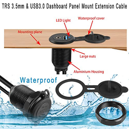 QIANRENON USB3.0 & 3.5mm Audio Threaded Fixed Embedded Car Waterproof Cable 5Gbps TRS 3.5mm & USB3.0 Dashboard Panel Mount Extension Cable, LED Lights, Al Housing, for Car Boat Motorbike,2M/6.5ft