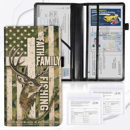 Car Registration and Insurance Card Holder Wallet, Deer Hunting Fishing Faith Vehicle Document Organizer for Glove Box, Auto License & ID Card Holder Case, Slim Multi-Slot Car Paper Organizer - color: Deer Hunting Fishing Faith
