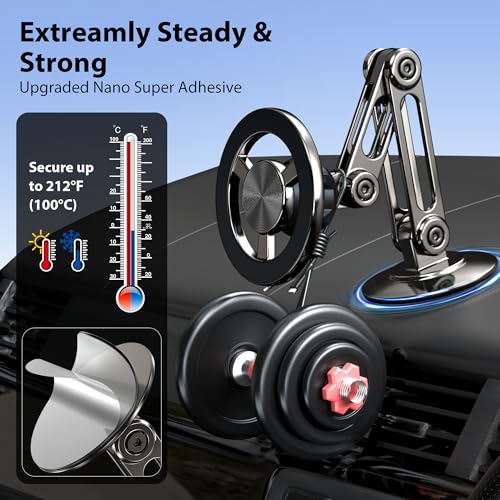 Ultra Magnetic Long-Arm Phone Holder Stand, Fits for MagSafe Car Mount Bracket【Windshield+Vent+Dash】, 360° Rotation Adjustable Strong Magnets Car Mount Desk Office Phone Cradle Holder, Black - color: Black