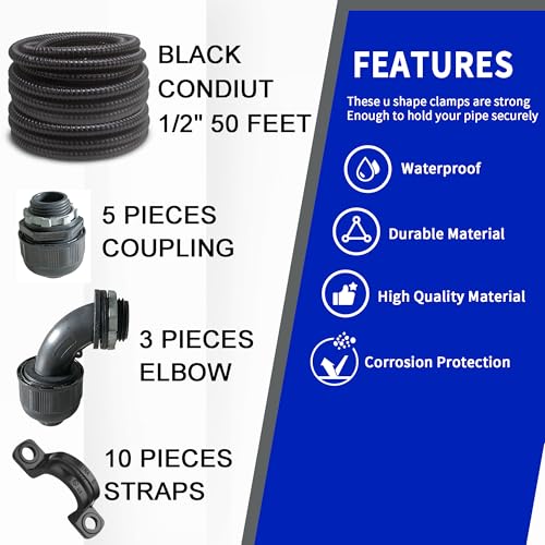 (1/2" Dia * 50 Feet) Yariwiz Black Special Extra Flexible Electrical Conduit Liquid Tight PVC Conduit Kit with 5 PCS Coupling, 3 PCS Elbow and 10 PCS Strap, Sealtight Seal Flex Liquidtight Wire - style: 1/2 inch-50ft-Kit