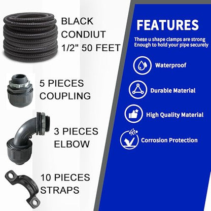 (1/2" Dia * 50 Feet) Yariwiz Black Special Extra Flexible Electrical Conduit Liquid Tight PVC Conduit Kit with 5 PCS Coupling, 3 PCS Elbow and 10 PCS Strap, Sealtight Seal Flex Liquidtight Wire - style: 1/2 inch-50ft-Kit