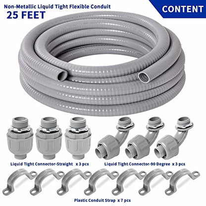 (3/4" Dia * 25 Feet) Yariwiz Flexible Electrical Conduit Liquid Tight PVC Conduit Kit with 3 PCS Coupling, 3 PCS Elbow and 7 PCS Strap, Sealtight Seal Flex Liquidtight Wire Outdoor Non Metallic Grey - style: 3/4"-25ft Kit-Grey