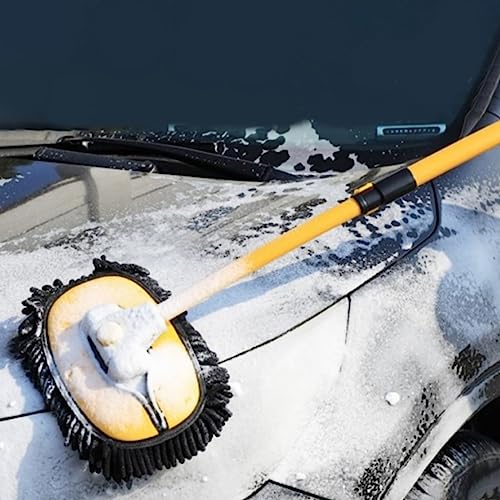 57'' Car Wash Brush with Long Handle Chenille Microfiber Car Wash Kit, Mitt Retractable Bent Pole Car Wash Brush for Cars RV Truck Boat (Light Yellow) - color: Light Yellow