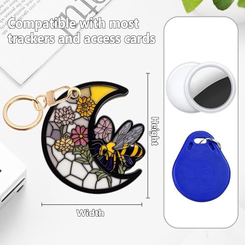 Bee Leather Keychain Case Holder,GPS Tacker With Keychain Ring,Stained Glass Style Access Card Scratch-Resistant,Finders Accessories For Pets, Luggage, Wallet, Backpacks - color: Bee