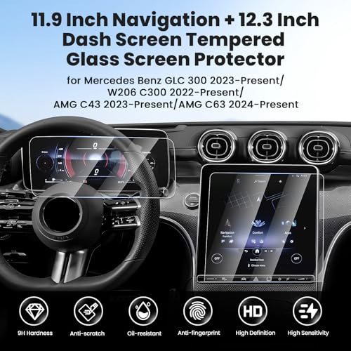 Canvcle 2PCS Screen Protector for 2023-2026 Mercedes Benz GLC 300 & AMG C43/2022-2026 W206 C300/2024-2026 AMG C63, 11.9 Inch Navigation + 12.3 Inch Dash Screen Cover Tempered Glass Touchscreen Film - size: Mercedes Benz GLC 300/AMG C43/W206 C300/AMG C63