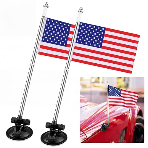 2 Pack Suction Cup Car Flag Pole Kit with Double Sided USA Flag, Adjustable 180° 1.5-5.25 ft Stainless Steel Telescopic Flagpole Holders, Strong Vehicle Mount for Trucks, Cars, Rvs, Boat - style: USA Flag