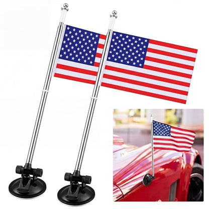 2 Pack Suction Cup Car Flag Pole Kit with Double Sided USA Flag, Adjustable 180° 1.5-5.25 ft Stainless Steel Telescopic Flagpole Holders, Strong Vehicle Mount for Trucks, Cars, Rvs, Boat - style: USA Flag