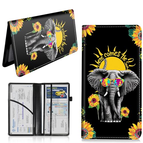 Car Registration and Insurance Card Holder, Vehicle License Documents Glove Box Compartment Organizer Wallet, ID Card Holder for Car Essentials Automobile, Elephant and Sunflowers - color: Elephant and Sunflowers