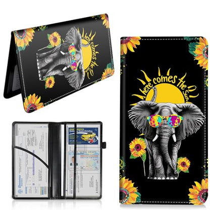 Car Registration and Insurance Card Holder, Vehicle License Documents Glove Box Compartment Organizer Wallet, ID Card Holder for Car Essentials Automobile, Elephant and Sunflowers - color: Elephant and Sunflowers