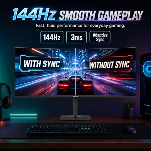 Deco Gear 49 Inch Curved Monitor, 3840x1080 Ultrawide Gaming WDFHD Screen, 144Hz, 32:9, 3ms, 3000:1 VA Display, HDR400, Adaptive Sync, USB-C 65W, HDMI, PIP/PBP, KVM, 1800R, Office & Workstation Setup - size: 49 inch